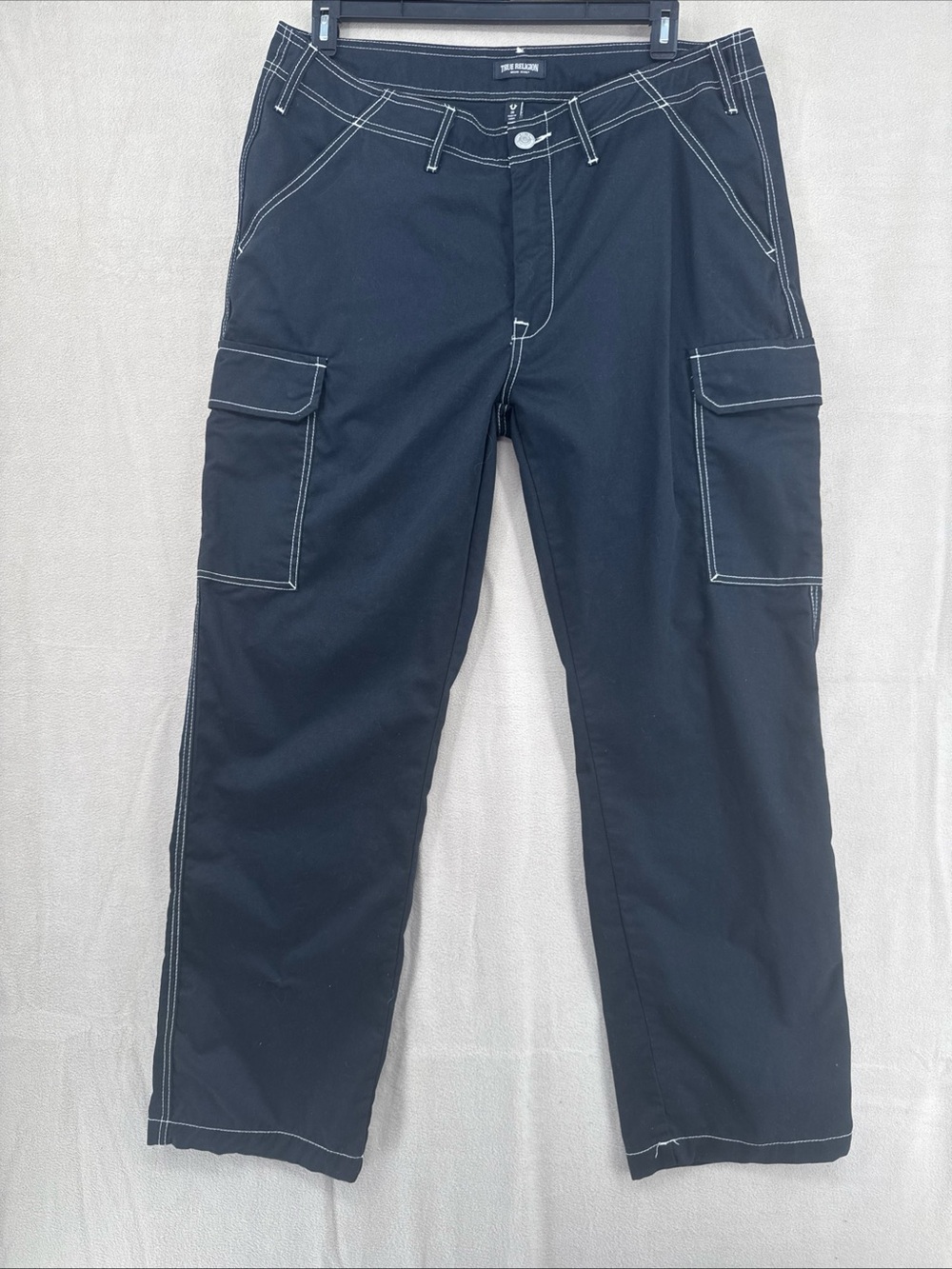 TRUE RELIGION Men's Black Cargo Pants with Contrast Stitching